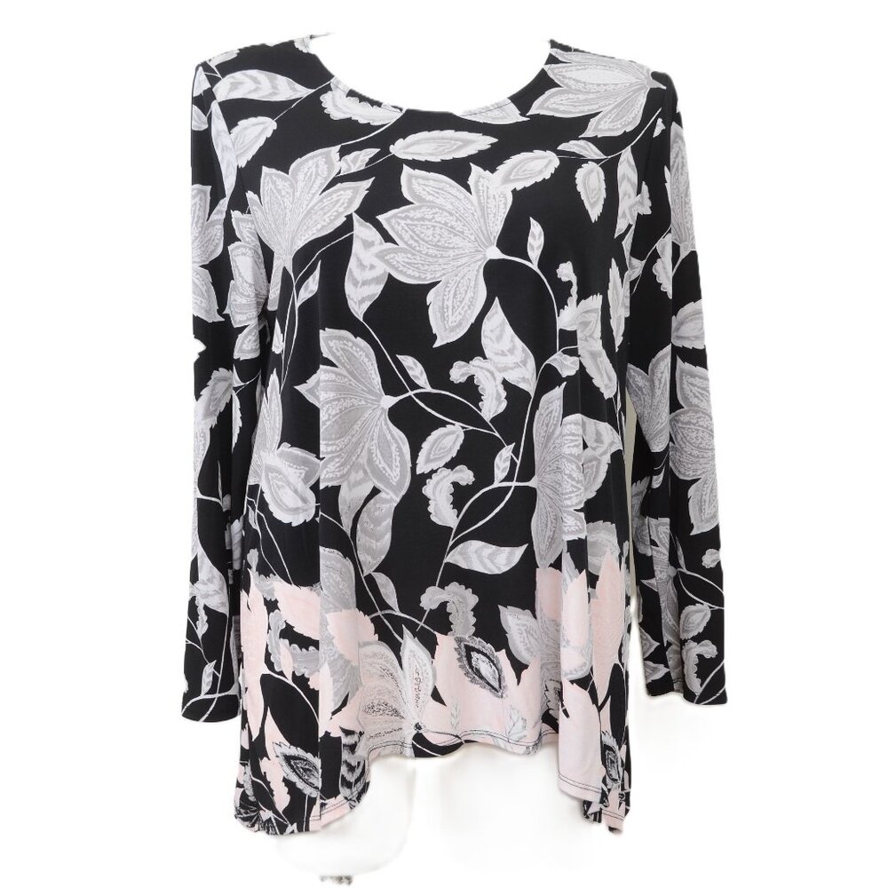 Chico's 3 Women's XL Pink Floral Black Scoop Neck‎ 3/4 Sleeve Stretch Top Artsy